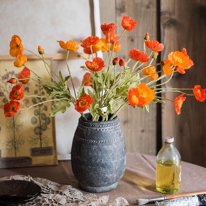 DUYONE Artificial Flowers 6 Stems Poppy Silk Bouquet,for Wedding, Home, Party Decoration,Table Centerpiece Arrangement(Orange)