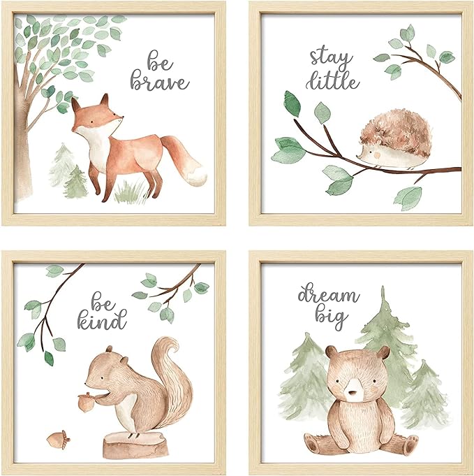ArtbyHannah Framed Woodland Nursery Wall Decor, 4 Pack Gallery Wall Frame Set Forest Animal Safari Wall Art Prints for Baby Kids Playroom Room Decoration, Cute Artwork Frame 10x10 Inch