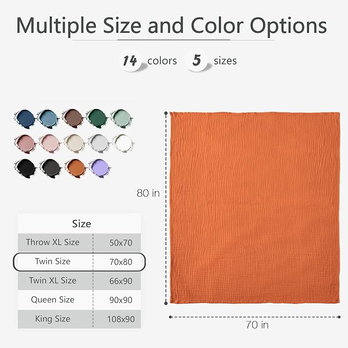 Carriediosa 100% Cotton Muslin Throw Blanket 70" X 80" Twin Size，4-Layers Summer Gauze Throws for Bed Couch，Soft Lightweight Breathable Linen Blankets Bedspread for Adults All Season，Orange