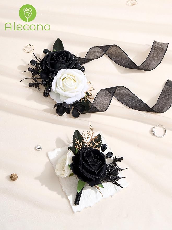 Alecono Black and White Corsage and Boutonniere Set, Corsages for Bride Bridesmaid Groom Bridegroom, Artificial Flowers for Prom Graduation Ceremony Anniversary