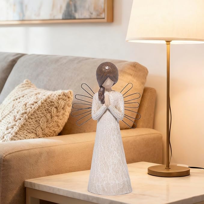 Hodao Praying Angel Figurine, 5.1in Hand-Painted Resin, Rustic Wood-Carved Look with Metal Wire Wings, Small Tabletop Decor for Home Indoor, Spiritual Figurines & Ornaments, Sympathy Gift