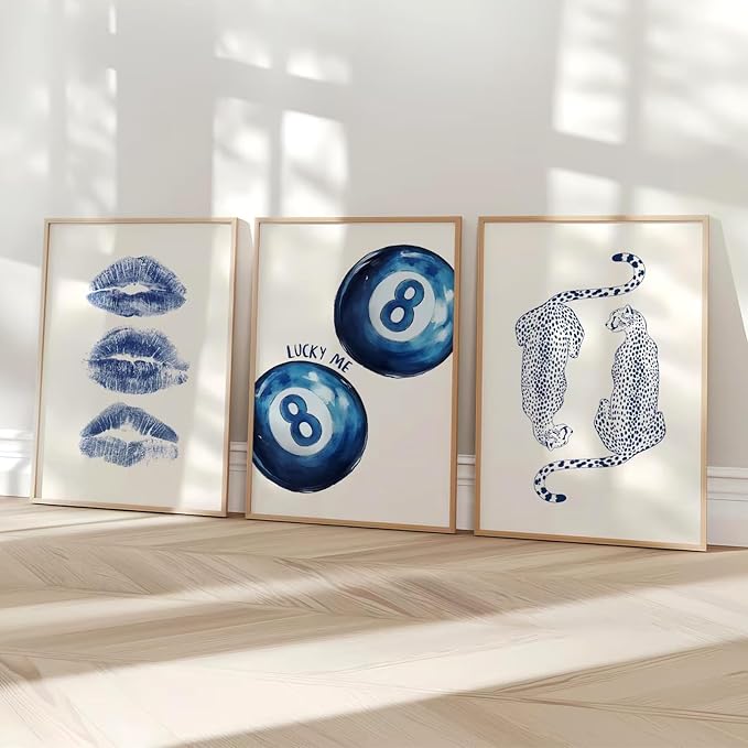Leopard Wall Art Cheetah Canvas Prints Trendy 8 Ball Wall Decor Preppy Aesthetic Poster Lucky Leopard Pictures Funky Painting Navy Kiss Artwork for Bedroom Living Room 16x24 Inch Unframed Set of 3