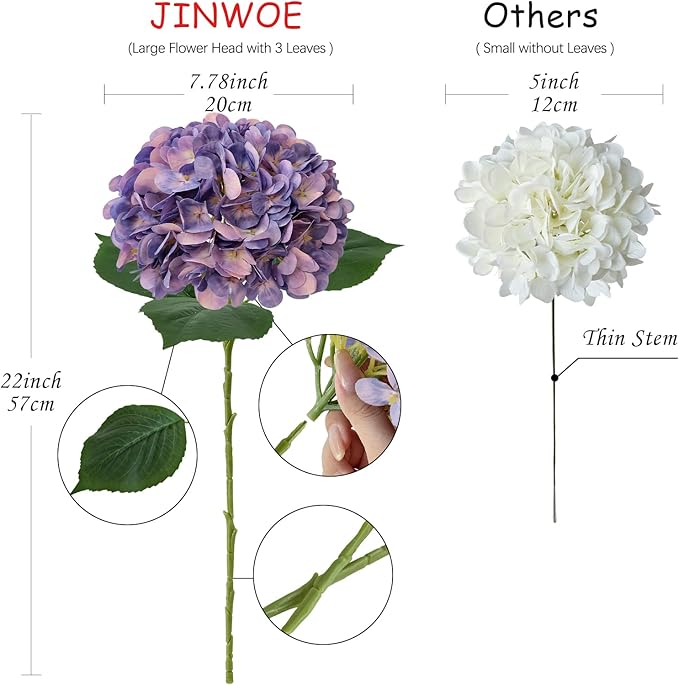 JINWOE 4Pcs Puple Artificial Silk Hydrangea Flowers,22" Silk Faux Hydrangea Bouquet for Home Table Centerpieces Wedding Garden Party Decoration