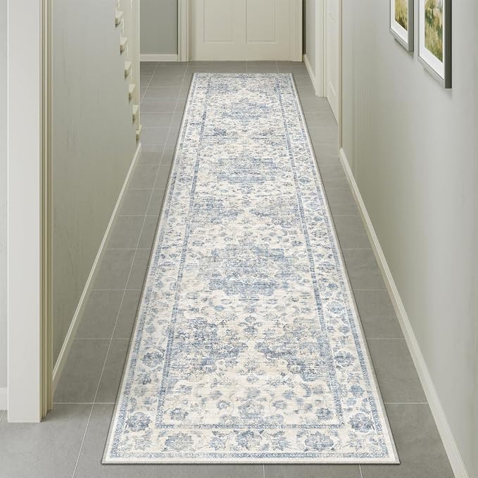 2x10 Washable Neutral Runner Rug Blue Vintage Hallway Kitchen Carpet Non-Slip Soft Low Pile Farmhouse Throw Rug for Bedroom Bathroom Laundry Living Room