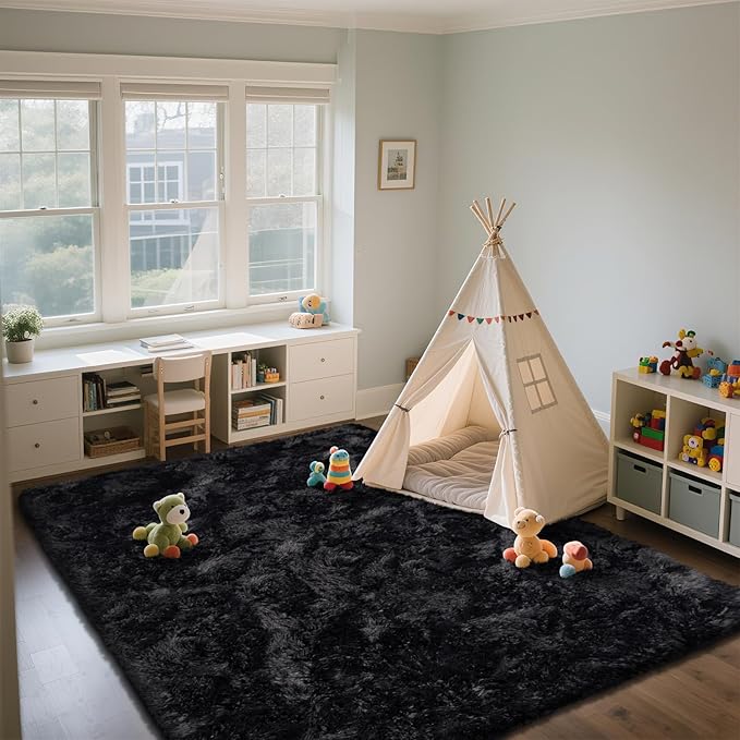 Shag Area Rugs for Bedroom Living Room,6X9 Ultra Soft Fluffy Area Rugs for Dorm, Indoor Carpet Nursery Rugs for Kids Girls Room Home Decor, Black