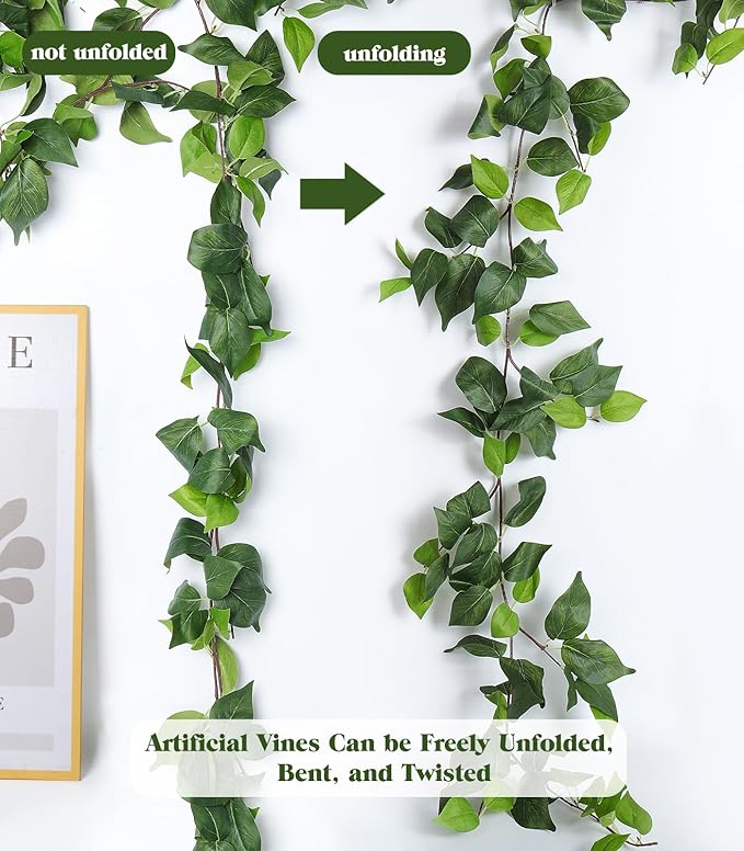RECUTMS Artificial Vines Ivy Garland 3Pcs 6.3Ft Fake Green Leaves Ivy Garland Faux Hanging Plants Greenery for Spring Home Outdoor Indoor Home Wall Garden Table Wedding Room Easter Decor