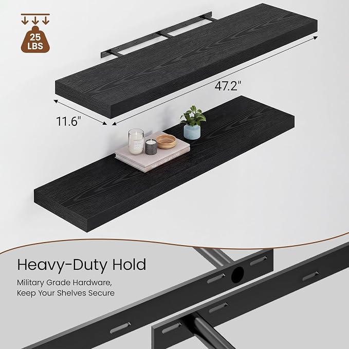 Heimlove 48W x 12D Long Floating Shelf, 12 Inch Deep Black Floating Shelves for Wall Set of 2, Wood Shelves for Bedroom Living Room Bathroom Kitchen Home Office, Wall Shelves with Heavy Duty Bracket
