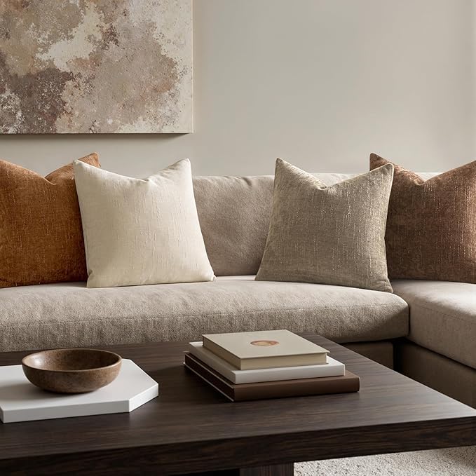 MIULEE Pack of 4 Decorative Throw Pillow Covers 22x22 Inch Brown Chenille Textured Throw Pillows Boho Farmhouse Rustic Accent Cushion Covers for Vintage Modern Home Decor Couch Sofa Bed Living Room