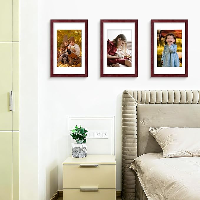 Picrit 11x17 Picture Frame Set of 12, Display 8x12 with Mat or 11x17 without Mat, Photo Frames for Wall Mounting Display, Dark Red Wood