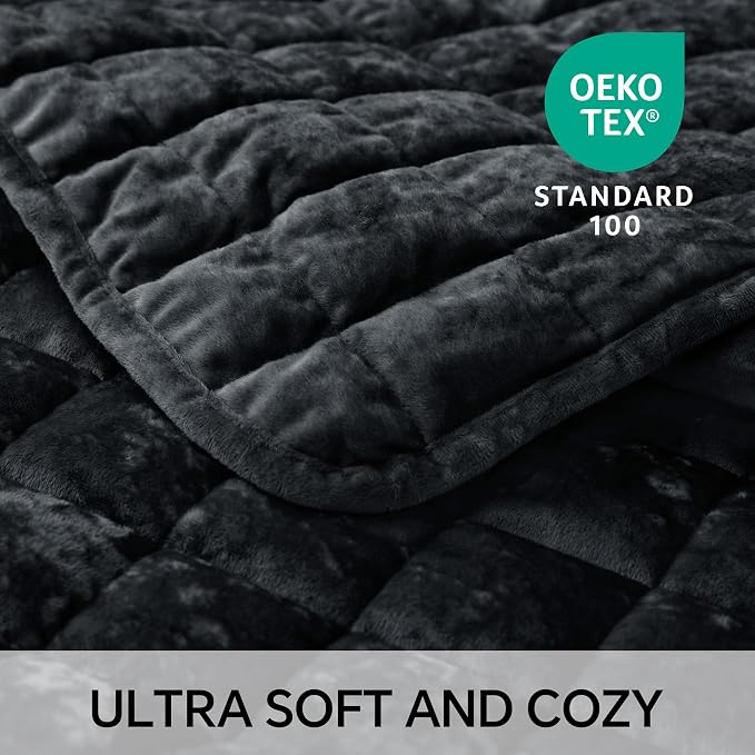 BEDELITE Velvet Quilt Set Queen Size - Luxury Soft Velvet Comforter Bedding Set for All Season, Lightweight Quilted Box Stitch Oversized Bedspread Coverlet with 2 Matching Shams, Shiny Black