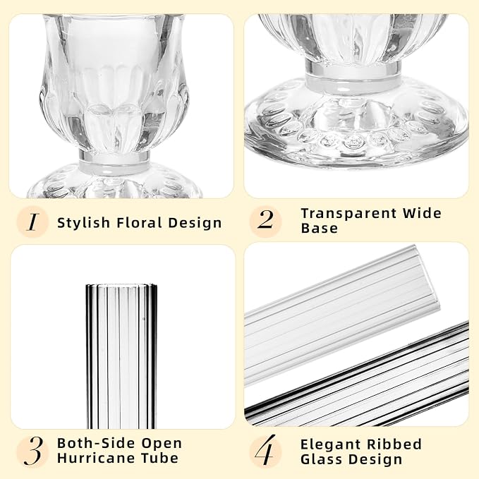 CHILL RECIPE Hurricane Glass Candle Holders-Set of 6 Tall Taper Candle Holder with 12” Tall Clear Cylinder Covers for Wedding Table Centerpiece Home Decor (Floral Base+Ribbed Chimney)