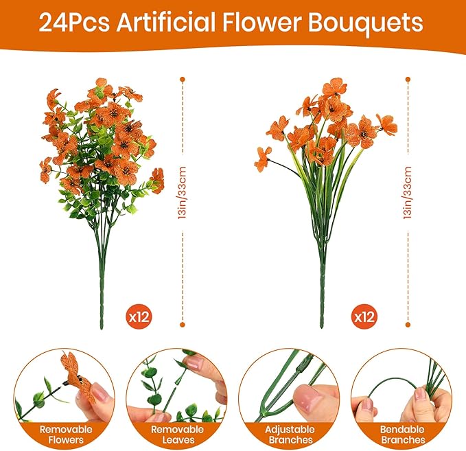 Alupssuc 24 Bundles Artificial Flowers for Outdoors Decoration, UV Resistant Silk Faux Daisy Flora Spring Fake Plastic Plants Greenery for Outside Indoor Yard Home Porch Window Box Decor, Orange
