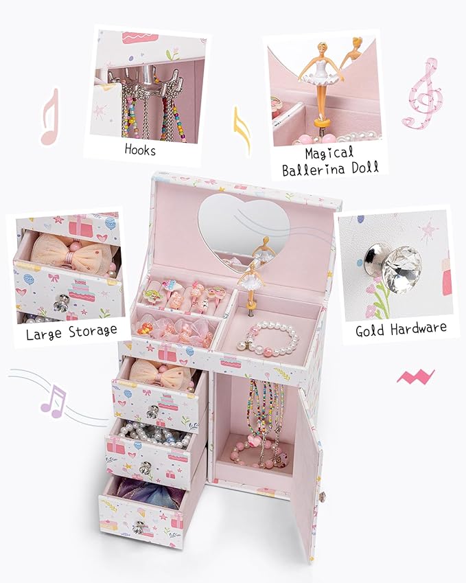 VLANDO Musical Jewelry Box for Girls, Large Kid Music Box with Ballerina for Birthday Bedroom Decor, 4 Layer Girl Jewelry Gifts for Girls Kids - Fantasy