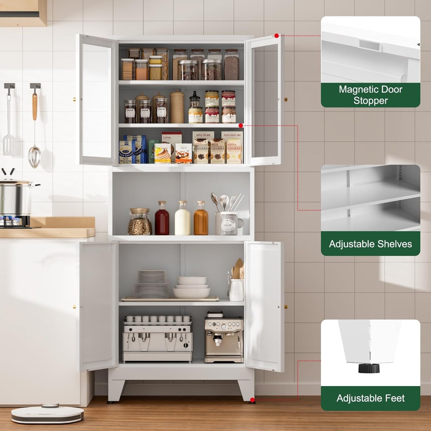 69" Tall Pantry Cabinet, Kitchen Storage Cabinet with 2 Glass Doors and Adjustbale Shelves, Freestanding Metal Cupboards for Dining Room, Living Room, Bathroom