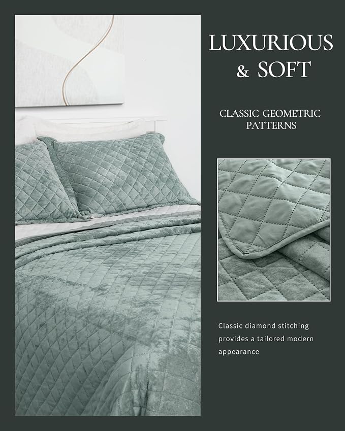 Luxury Velvet Queen Quilt Set, Ultra Soft Lightweight Velvet Comforter Set, Oversized Bedspread Coverlet with 2 Shams Diamond Pattern, for All Season (Aqua Green)