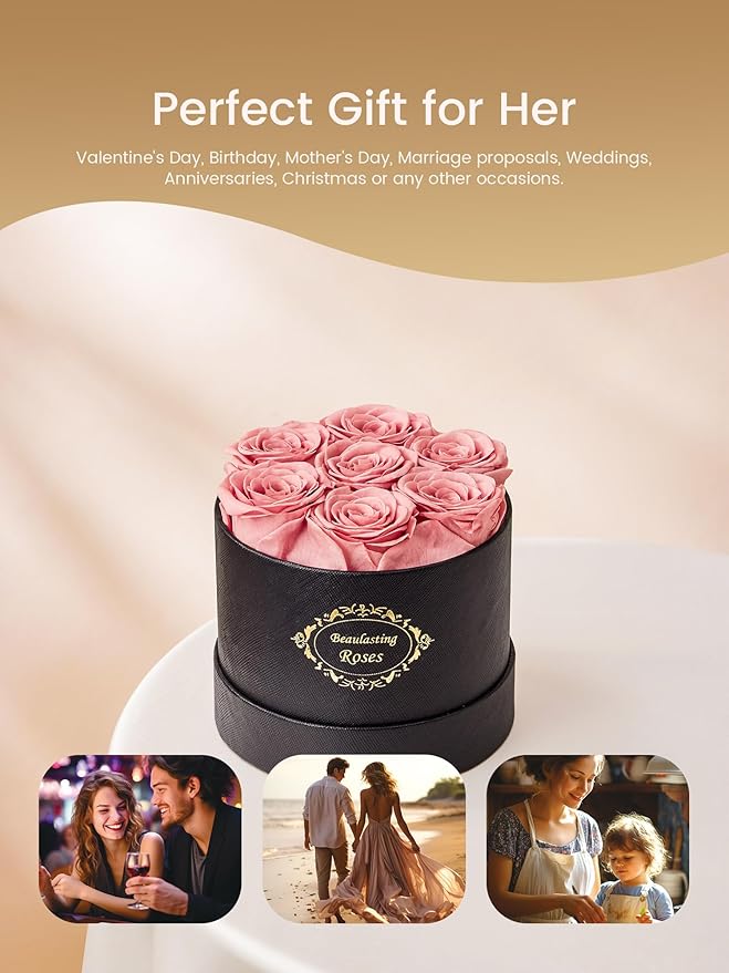 Beaulasting Long Lasting Preserved Roses in a Box Last a Year Forever Flowers for Her Mom Wife Anniversary Birthday (Round Black Box, Dusty Pink)