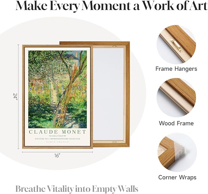 3 Piece Framed Monet Landscape Wall Art for Living Room, Large Impressionist Vintage Canvas Artwork for Walls, Green Tree Nature Prints Painting for Bedroom Dining Room Wall Decor 16x24 Inch