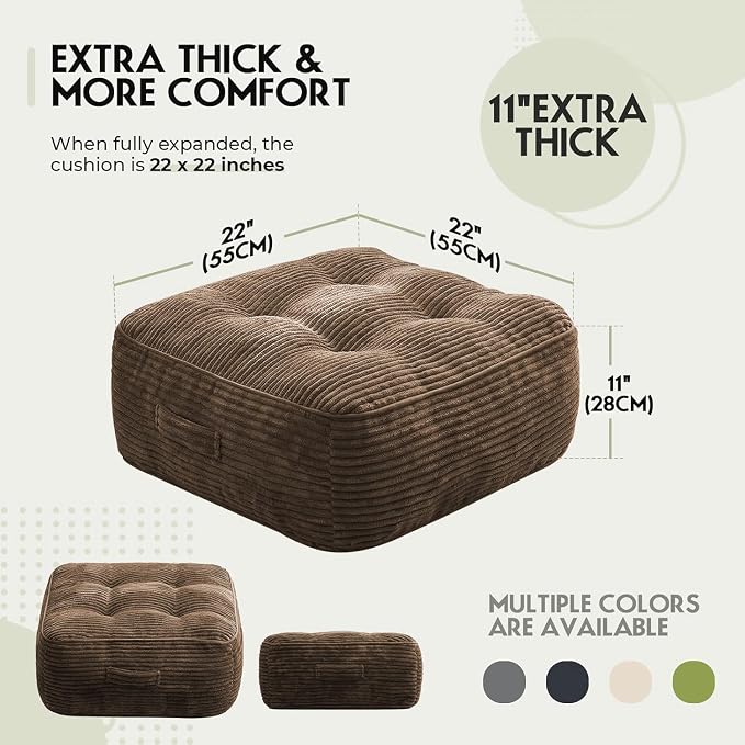 11" Thick Washable Floor Pillow for Adults, Yoga & Meditation Cushion with Handle, Square Large Pillows Seating with Removable Tufted Corduroy Cover for Tatami Living Room Board Games, Brown