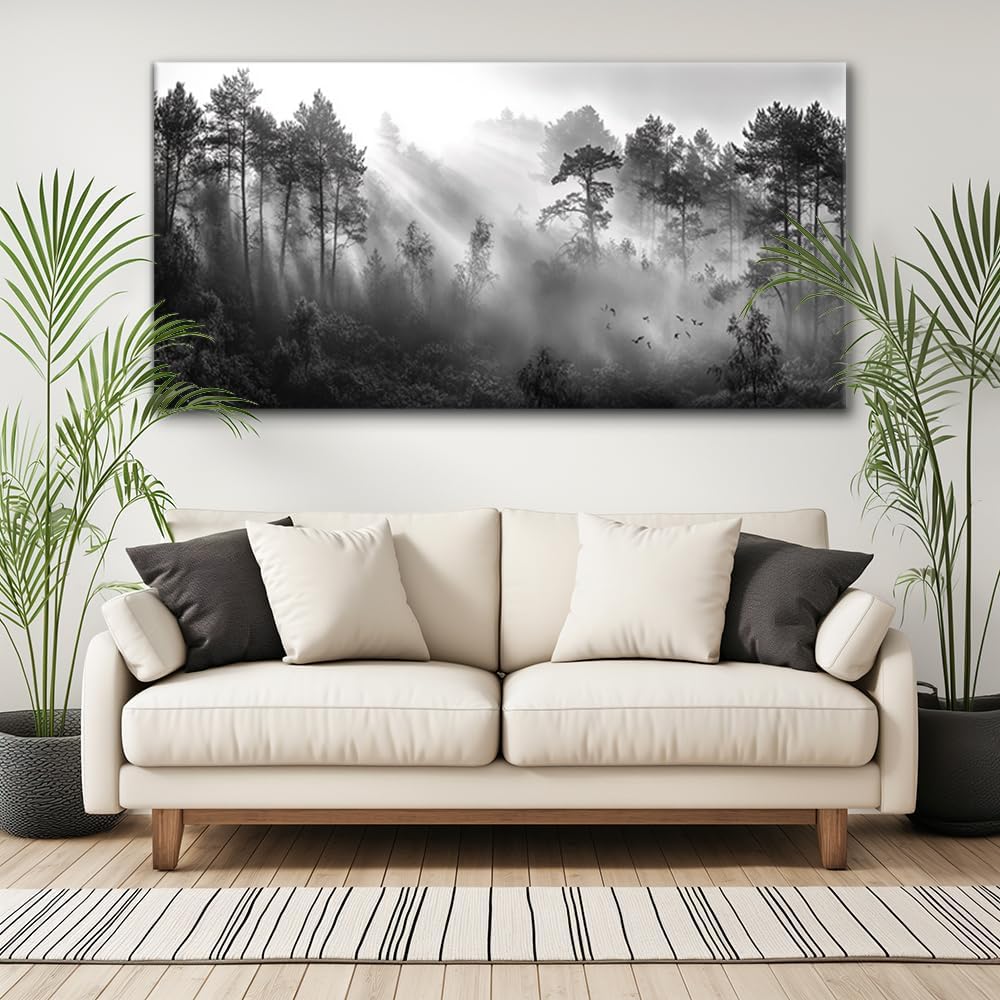 LASMOND Black and White Forest Wall Art for Living Room Modern Canvas Prints Artwork Picture Paintings Bedroom Office Home Decor (40x20 Inches)