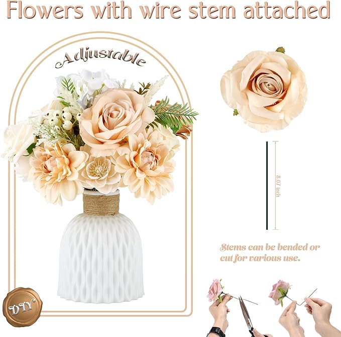 Artificial Flowers Combo Box, 31PCS Fake Flowers, Silk Flower Mix with Wire Stem, DIY Wedding Bridal Bouquet for Arrangement, Shower Party Home Décor, Champagne & Ivory Mix