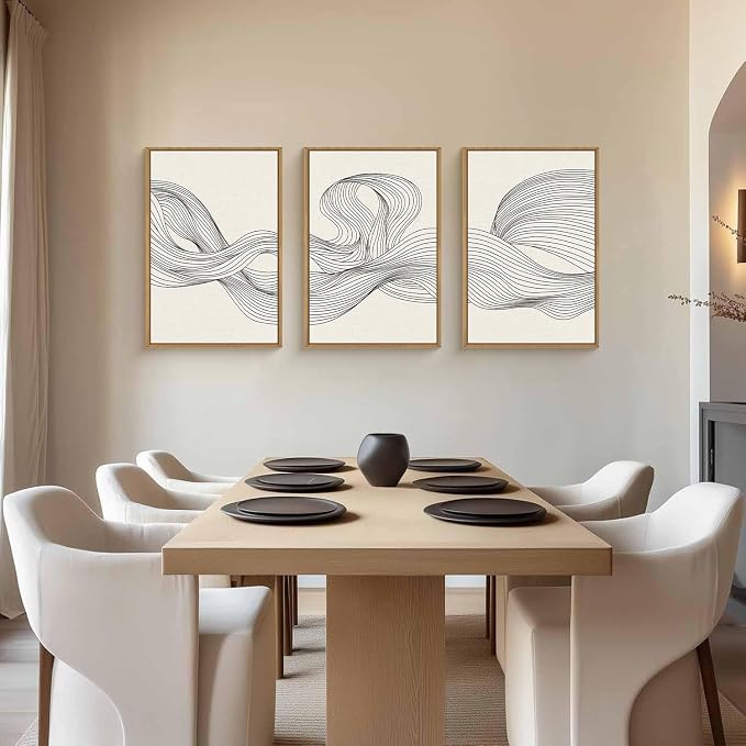 HPNIUB Large Neutral Abstract Framed Canvas Wall Art,Modern Beige Minimalist Wall Decor,Black Line Wave Art Prints,Boho Textured Geometric Artwork for Living Room, Bedroom, Office -24"x36"x3
