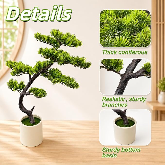 3FT Artificial Bonsai Pine Tree, Realistic Faux Pine Bonsai with Natural-Looking Trunk and Moss Pot, Maintenance-Free Indoor Artificial Tree for Living Room, Office, Entryway Decor
