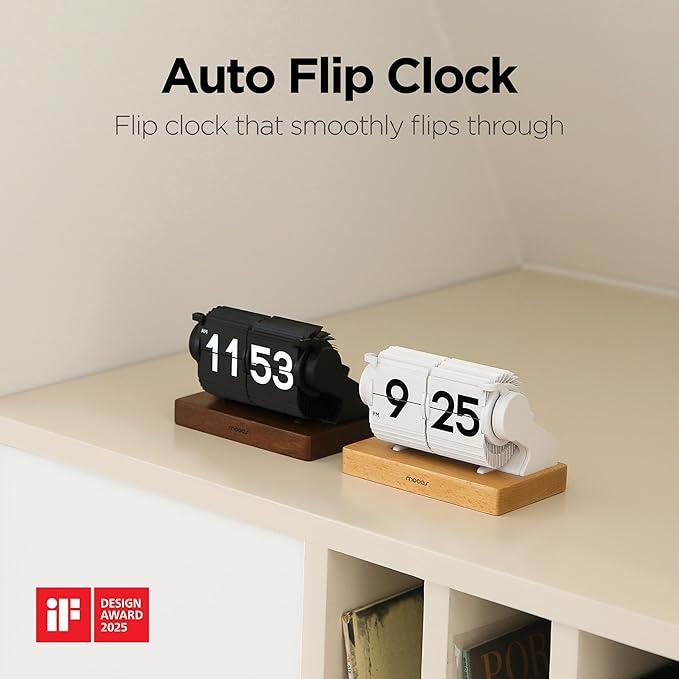 mooas Automatic Mini Flip Clock, Retro Vintage Automatic Flip Desk Clock, Timer Calendar Alarm, Snooze, Desk Clock Large Number USB-C Rechargeable, Ideal for Home Office School Hotel Café (Black)