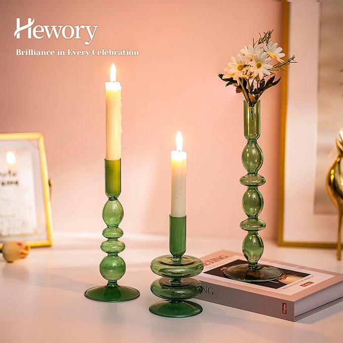 Hewory Glass Candlestick Holders: Light Green Taper Candle Holders Set of 3 Vintage Candle Stick Candle Holder, Colorful Glass Candle Holder for Table Centerpiece Wedding Dinner Party Home Decor