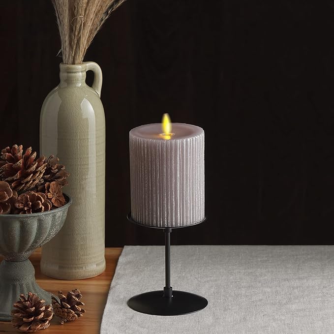 Luminara Metallic Embossed Pillar, Grey Flameless LED Candle 3.25" x 4.5", Battery Operated Real Flame Technology w/Timer Function, Paraffin Wax