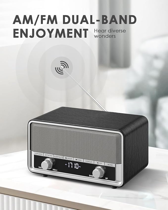 Vintage Wood AM FM Clock Radio with Bluetooth, Digital Clock Radio for Bedroom with LCD Display | 40 Presets | Sleep Timer | No Alarm, Retro Bluetooth Speaker for Office,Home, Kitchen (Space Black)