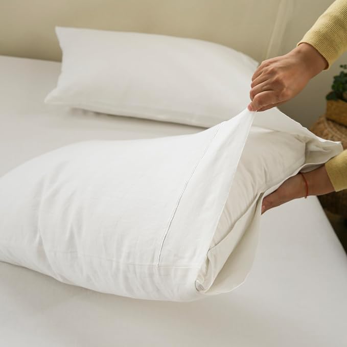 100% French Linen Pillowcases with Embroidery - Pack of 2 - Washed Solid Color Natural Flax Soft Breathable - White, 20'' x 30''