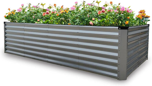 GARDMAX 8x4x2FT Galvanized Raised Garden Bed Kit, Metal Planter Boxes Outdoor with Easy Assembly, Large Garden Bed for Vegetables, Fruits, Flower, Herbs Rectangle Silver