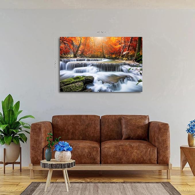 Nature Sunset Landscape Large Wall Art Living Room National Park Forest Picture Wall Decor Waterfall Scene Poster Prints Retro Maple Trees Photography Artwork for Living Room Kitchen Decoration 32x48