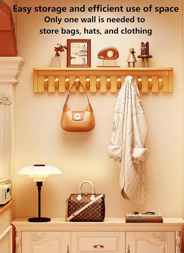 Wall Mounted Coat RackHooks Piano Key Hangers Natural Solid Wood Hanger Non-Woven Fabric Clothes Hangers for Closet, Kitchen, Bedroom, Bathroom, Entryway (Tray-Walnut, 6 Hooks)