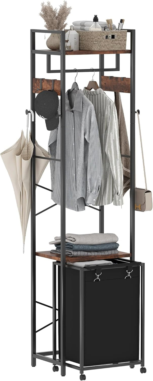 Coat Rack with Laundry Basket, Laundry Hamper Freestanding Hall Tree, Clothes Rack with Storage Shelves, 14.5 Gal Removable Bags on Wheels, Black and Brown JLH005SR