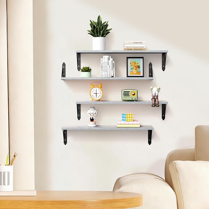 ROMGUAR CRAFT Wood Floating Shelves Set of 4, Rustic Storage Decor Wall Shelves, Wall Mounted Shelf for Living Room, Bedroom 23.6" x 6", Light Grey