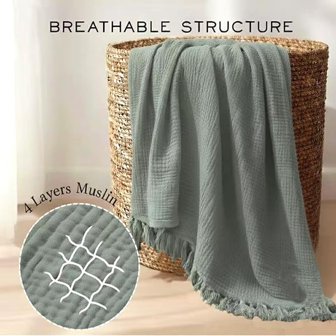 KyraHome 100% Organic Cotton Throw Blankets, 60"x80", Pre-Washed Plant Dyed, Lightweight Gauze Soft Muslin Blankets, Adults, Picnic, Travel, Summer, All Season, Sage Green