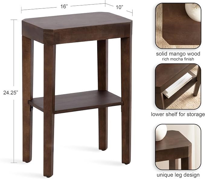 Kate and Laurel Talcott Modern Rectangle Wood Side Table, 16 x 10 x 25, Dark Brown, Transitional Decorative Two-Tier End Table for Use as a Bedroom Nightstand or Living Room Accent