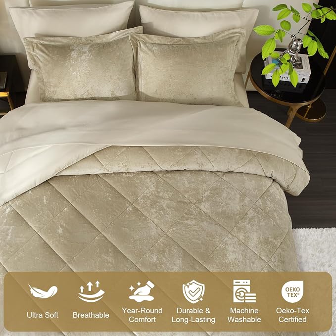 Ivellow Queen Comforter Set 7 Pieces Bed in a Bag Crushed Velvet Comforter Set Flannel Queen Beige Comforter Ultra Soft Breathable Luxury Soft Warm Winter Bedding Set with Sheets, Pillowcases & Shams