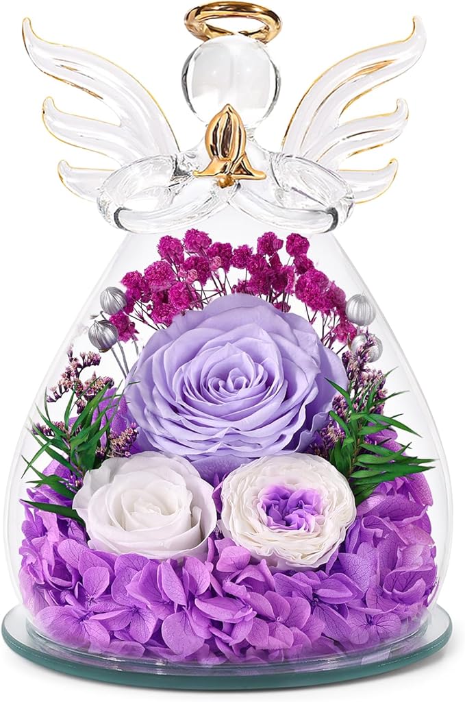 Bessol Gifts for Mom Birthday Flowers for Women Mothers Day Flowers for Delivery Preserved Roses Forever Flower in Glass Angel Figurines Fresh Eternal Rose for Grandma Wife Sister Daughter Friends