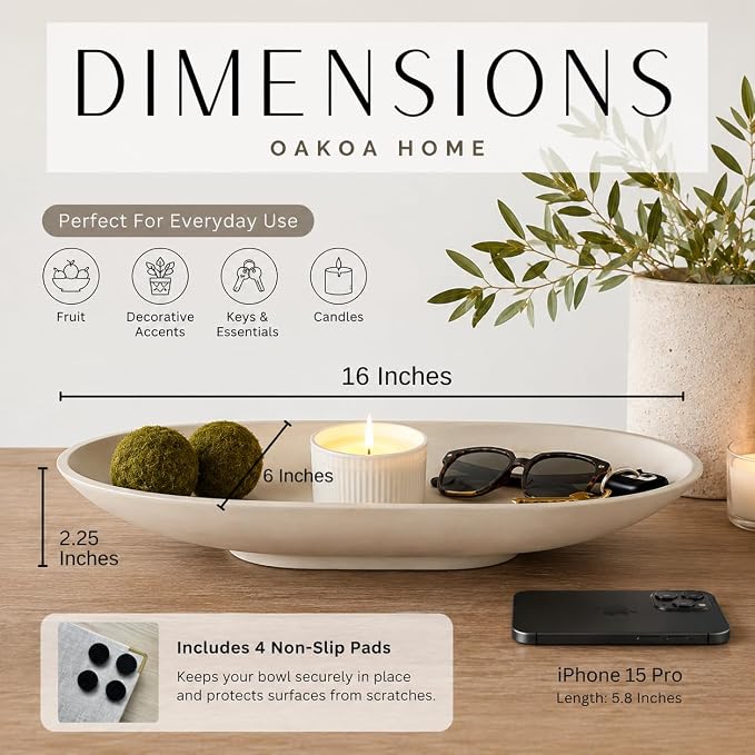 OAKOA Concrete Large Decorative Bowl for Home Decor - Long Decorative Centerpiece Bowl for Table - Coffee Table Bowl for Entryway Table - Large Dough Bowl Decor