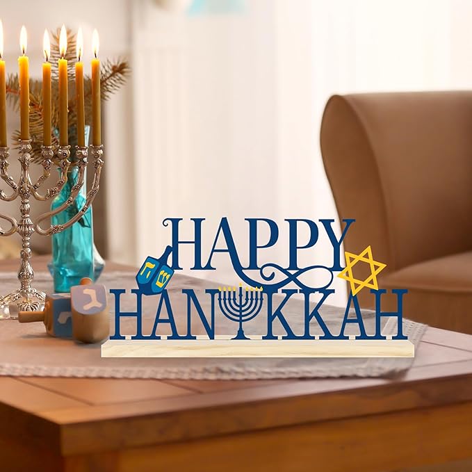 COCHIE Metal Happy Hanukkah Sign, Chanukah Menorah Turkey Table Centerpieces Decorations for Home, Office, Shelf, Mantel, Indoor, Jewish Festival Candles Party Supplies Decor (Hanukkah)