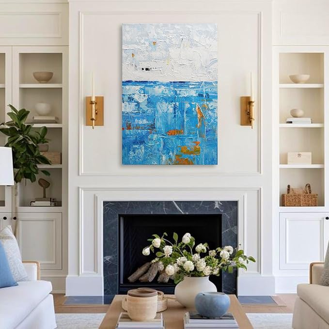 Modern Abstract Blue Textured Oil Painting Canvas Wall Art for Living Room | Large Coastal Wall Decor for Living Room Bedroom Office Hallways, Minimalist Hand-Painted Artwork Housewarming Gift, 24x36"