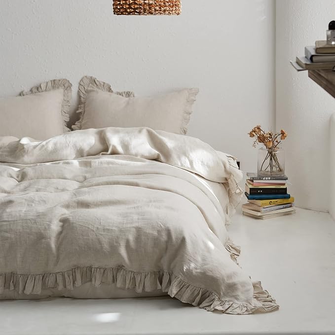 100% French Linen Euro Shams with Ruffles - Set of 2 - Washed Solid Color Natural Flax Soft Breathable Pillow Covers - Linen, 26'' x 26''