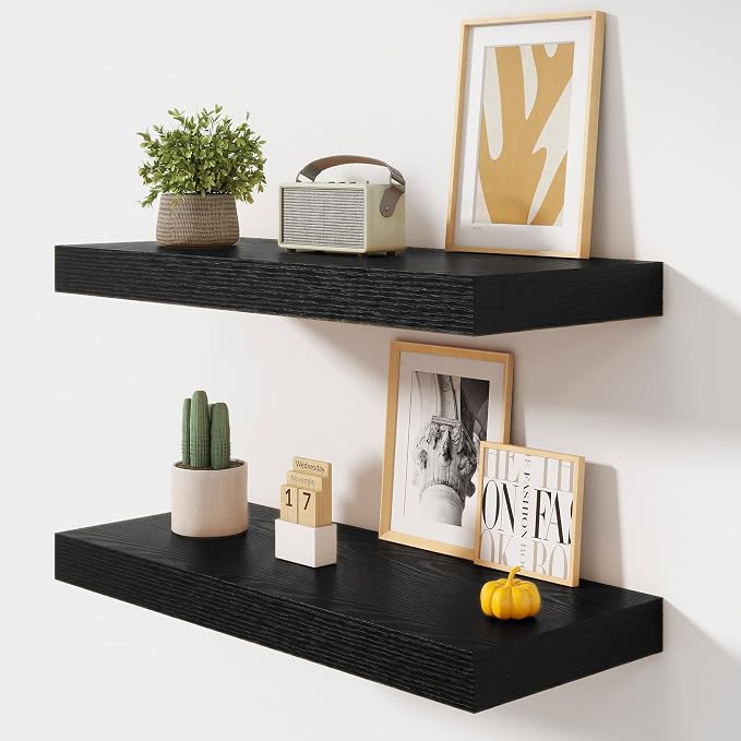 FLYJOE 32 Inch Floating Shelves, 12 Inch Deep Floating Shelves Set of 2, 32''W x 12''D Black Wood Shelves for Wall, Bathroom Available, Engineered Wood, Mounting Hardware Included