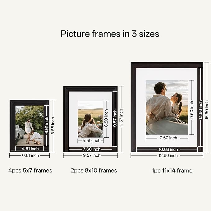 eletecpro Gallery Wall Frame Set of 7, Multiple Sizes Solid Wood Picture Frames Collage Wall Decor Including 1Pc 11x14, 2Pcs 8x10, 4Pcs 5x7 Photo Frames, Black