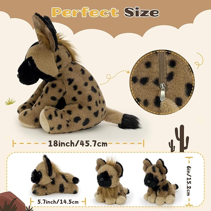 MorisMos 4 Pcs African Wild Dog Stuffed Animals, 18 Inch Mommy with 3 Baby Cubs, Soft Fluffy Animal Plush Toys Gifts for Kids, Wildlife Lovers & Collectors