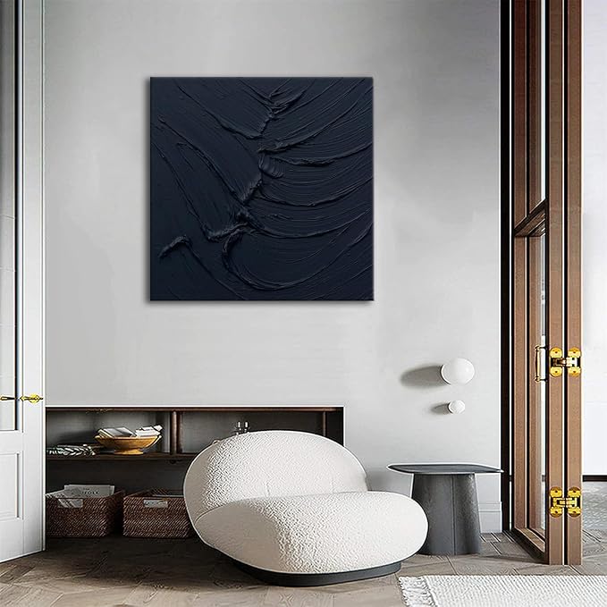 zoinart Black Textured Wall Art, 20x20 Hand Painted Abstract Oil Paintings on Canvas, Thick Texture Black Minimalist Contemporary Art