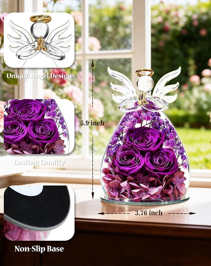 homeasy Roses Gifts for Women Birthday, Preserved Flowers Rose in Glass Angel Figurines, Forever Fresh Flowers for Delivery Gift Box for Wife Mom Her Grandma from Daughter
