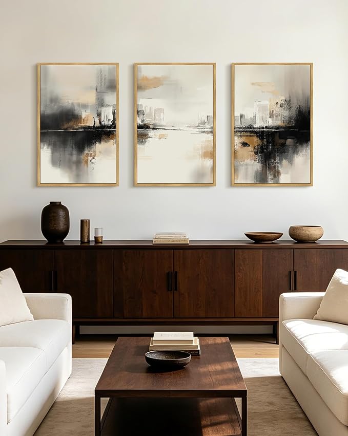 PHOPAGO Black Gray Abstract Landscape Framed Wall Art Large 16x24in Brown Tan Neutral Wall Decor Minimalist Modern Illustrations Prints Bedroom Home Decor - Natural Framed